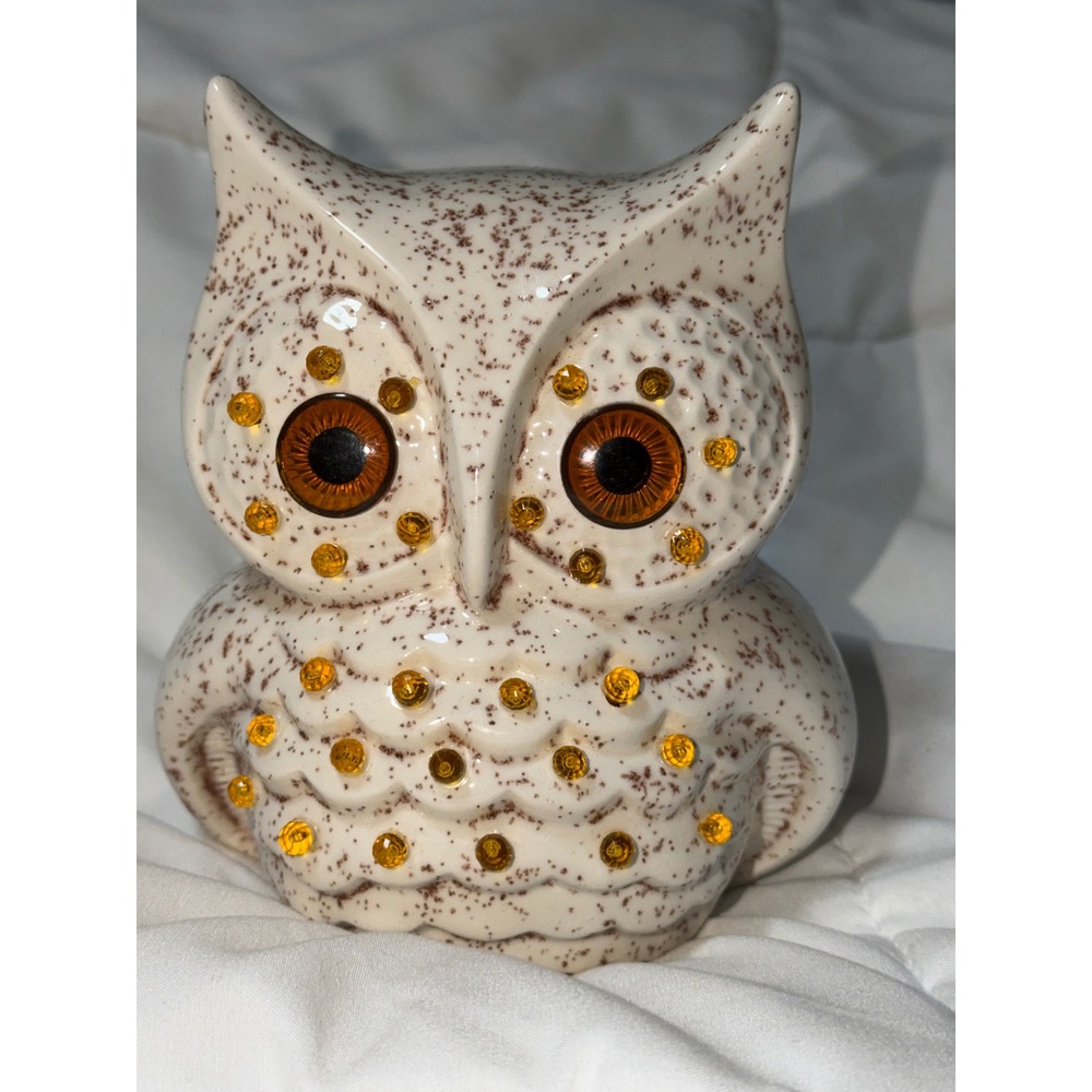 Vintage Speckled Ceramic Owl Figurine Amber Glass Eyes Yellow Peg Accents MCM